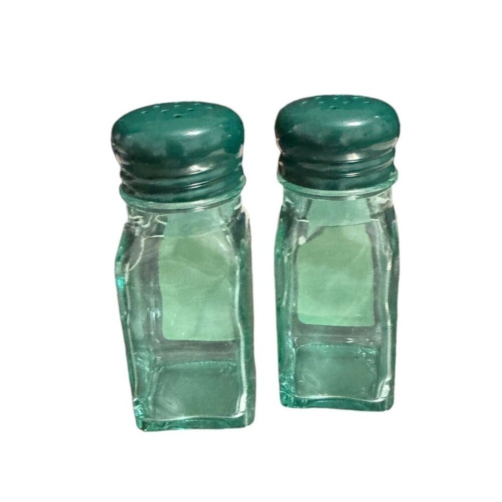 Vintage GEMCO Glass Salt & Pepper Shaker Set 2-Piece Green Tint Square Design